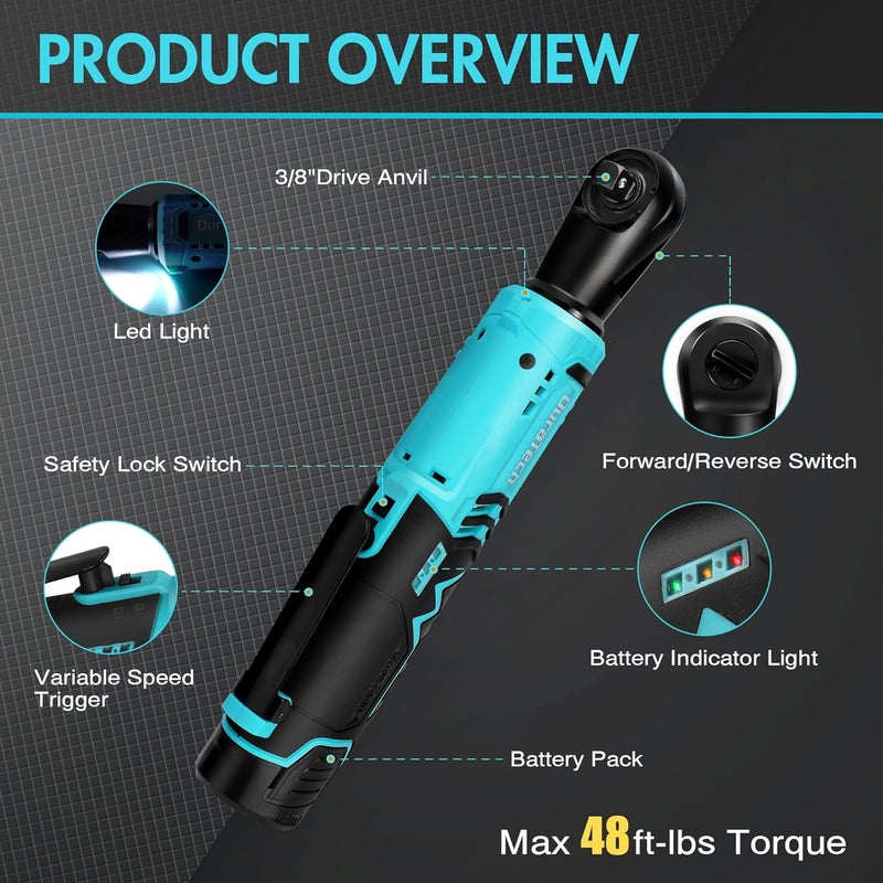 DURATECH Cordless Electric Ratchet Wrench Set, 48 Ft-lbs 3/8" 12V Power Ratchet Wrench with 2PCS 2.0Ah Li-Ion Battery, 1 Hour Fast Charger, 8PCS Sockets, Extension Bar, Adaptor, Variable Speed Trigger - Image 2
